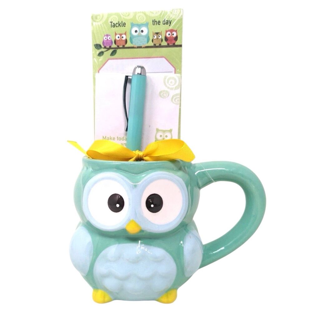OWL Modern Expressions Green/Blue 3D Mug Cup 16 oz STATIONERY Notes Pen Set NEW